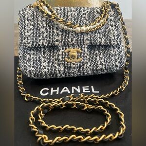 Chanel Mini Square Pearl Flap Bag Black and White Tweed Brushed Gold Hardware